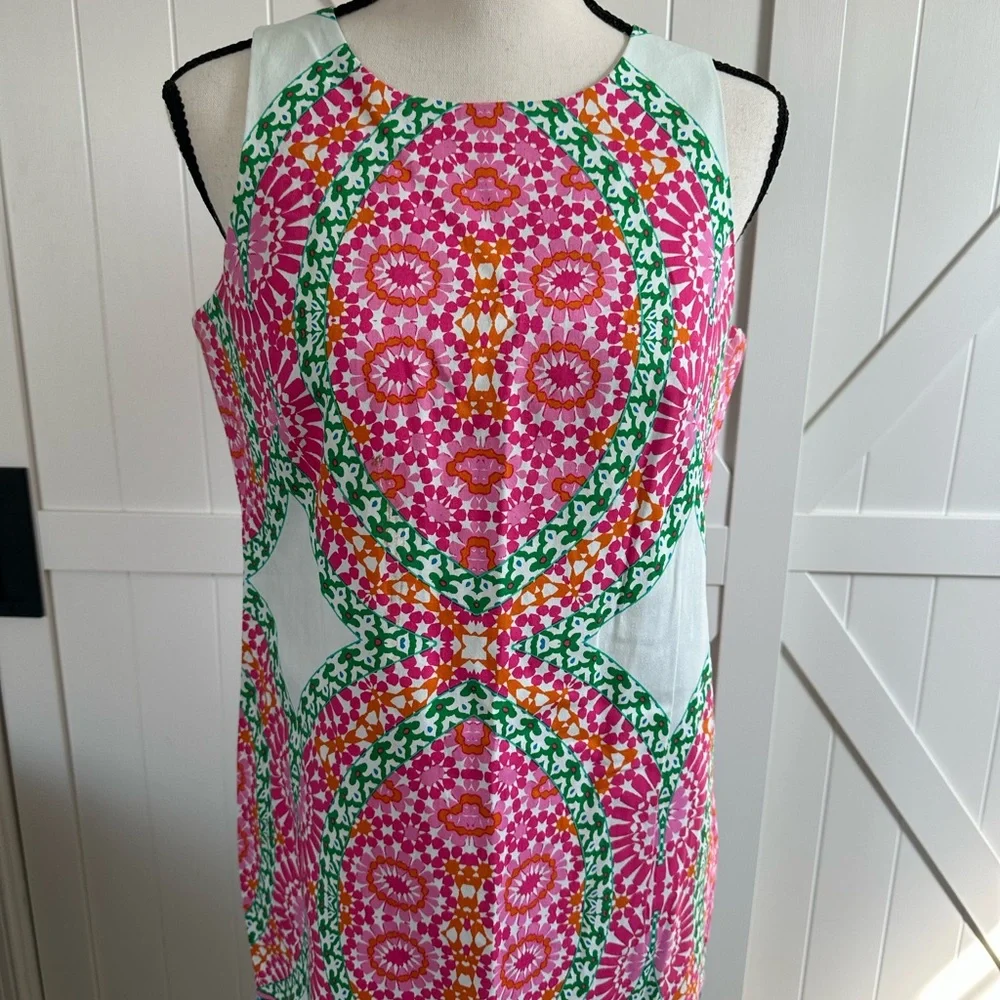 London Times Sleeveless Shift Dress Size 6 Bright Pink Green Geometric Print - Picture 2 of 4